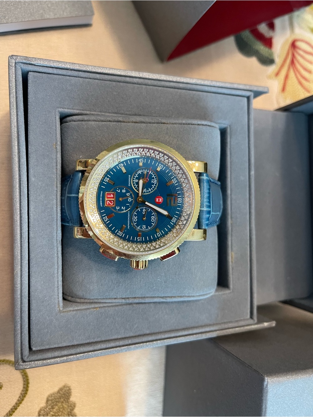 Michele Large 42mm Teal Blue Dial Gold-Tone Sport Sail Mens Unisex Watch Diamond